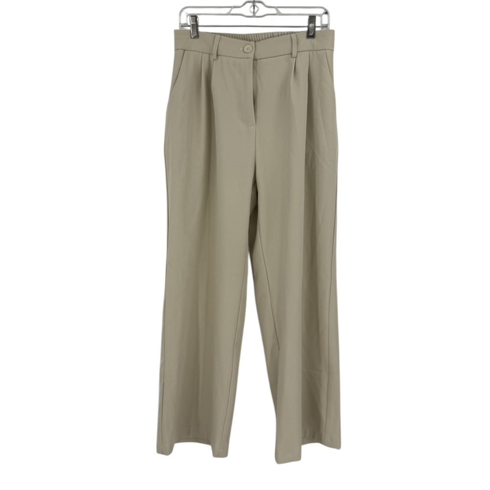 FUNYYZO Wide Leg Work Trousers High Elastic Back Waist Beige Straight Leg Pants - Picture 3 of 8
